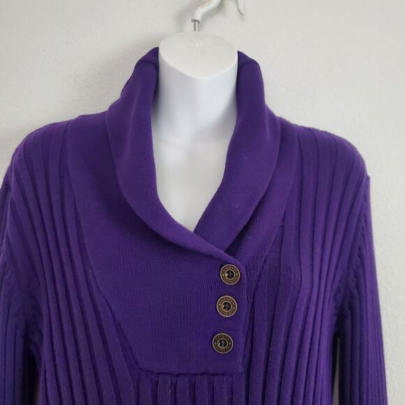 Lauren Jeans Co Women's Sweater Medium Purple Pullover Ribbed Knit Shawl Collar - Picture 2 of 8